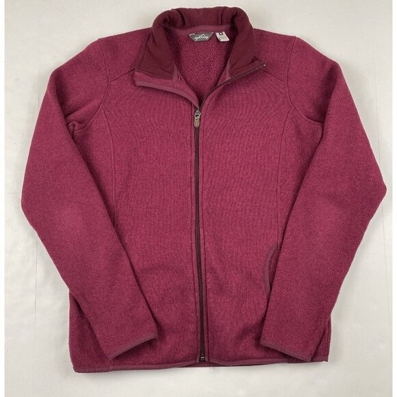 Eddie Bauer Full Zip Knit Fleece Jacket Women’s M Maroon Pockets Mock Neck - Picture 1 of 12